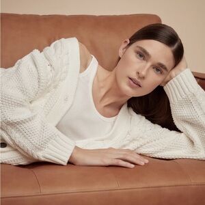 Quince Organic Cotton Oversized Cardigan | White Cable-Knit Sweater
